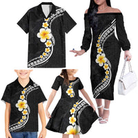 Pacific Hibiscus and Plumeria with Tapa Pattern Family Matching Off The Shoulder Long Sleeve Dress and Hawaiian Shirt Black Color LT03 - Polynesian Pride