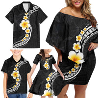 Pacific Hibiscus and Plumeria with Tapa Pattern Family Matching Off Shoulder Short Dress and Hawaiian Shirt Black Color LT03 - Polynesian Pride