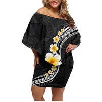 Pacific Hibiscus and Plumeria with Tapa Pattern Family Matching Off Shoulder Short Dress and Hawaiian Shirt Black Color LT03 Mom's Dress Black - Polynesian Pride