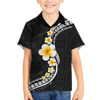 Pacific Hibiscus and Plumeria with Tapa Pattern Family Matching Off Shoulder Short Dress and Hawaiian Shirt Black Color LT03 Son's Shirt Black - Polynesian Pride