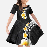 Pacific Hibiscus and Plumeria with Tapa Pattern Kid Short Sleeve Dress Black Color