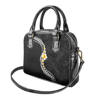 Pacific Hibiscus and Plumeria with Tapa Pattern Shoulder Handbag Black Color