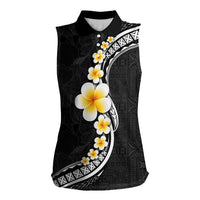 Pacific Hibiscus and Plumeria with Tapa Pattern Women Sleeveless Polo Shirt Black Color