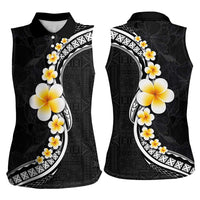 Pacific Hibiscus and Plumeria with Tapa Pattern Women Sleeveless Polo Shirt Black Color