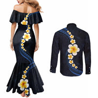 Pacific Hibiscus and Plumeria with Tapa Pattern Couples Matching Mermaid Dress and Long Sleeve Button Shirt Dark Blue Color