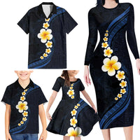 Pacific Hibiscus and Plumeria with Tapa Pattern Family Matching Long Sleeve Bodycon Dress and Hawaiian Shirt Dark Blue Color LT03 - Polynesian Pride