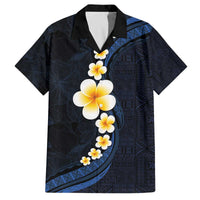 Pacific Hibiscus and Plumeria with Tapa Pattern Family Matching Off The Shoulder Long Sleeve Dress and Hawaiian Shirt Dark Blue Color LT03 Dad's Shirt - Short Sleeve Blue - Polynesian Pride