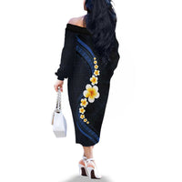Pacific Hibiscus and Plumeria with Tapa Pattern Family Matching Off The Shoulder Long Sleeve Dress and Hawaiian Shirt Dark Blue Color LT03 - Polynesian Pride
