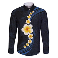 Pacific Hibiscus and Plumeria with Tapa Pattern Family Matching Off Shoulder Short Dress and Hawaiian Shirt Dark Blue Color LT03 Dad's Shirt - Long Sleeve Blue - Polynesian Pride