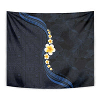 Pacific Hibiscus and Plumeria with Tapa Pattern Tapestry Dark Blue Color