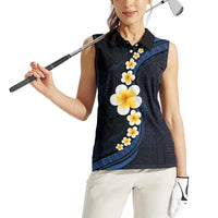 Pacific Hibiscus and Plumeria with Tapa Pattern Women Sleeveless Polo Shirt Dark Blue Color