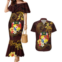 Tonga Ngatu and Hibiscus with Polynesian Tattoo Couples Matching Mermaid Dress and Hawaiian Shirt Gold and Oxblood Color LT03 Oxblood - Polynesian Pride