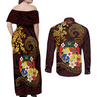Tonga Ngatu and Hibiscus with Polynesian Tattoo Couples Matching Off Shoulder Maxi Dress and Long Sleeve Button Shirt Gold and Oxblood Color LT03 - Polynesian Pride