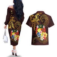 Tonga Ngatu and Hibiscus with Polynesian Tattoo Couples Matching Off The Shoulder Long Sleeve Dress and Hawaiian Shirt Gold and Oxblood Color LT03 - Polynesian Pride