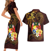 Tonga Ngatu and Hibiscus with Polynesian Tattoo Couples Matching Short Sleeve Bodycon Dress and Hawaiian Shirt Gold and Oxblood Color LT03 - Polynesian Pride