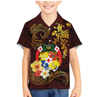 Tonga Ngatu and Hibiscus with Polynesian Tattoo Family Matching Mermaid Dress and Hawaiian Shirt Gold and Oxblood Color LT03 Son's Shirt Oxblood - Polynesian Pride