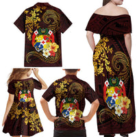 Tonga Ngatu and Hibiscus with Polynesian Tattoo Family Matching Off Shoulder Maxi Dress and Hawaiian Shirt Gold and Oxblood Color LT03 - Polynesian Pride