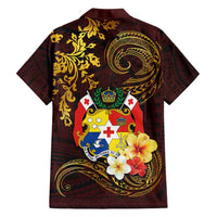 Tonga Ngatu and Hibiscus with Polynesian Tattoo Family Matching Off Shoulder Maxi Dress and Hawaiian Shirt Gold and Oxblood Color LT03 - Polynesian Pride