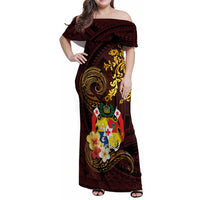 Tonga Ngatu and Hibiscus with Polynesian Tattoo Family Matching Off Shoulder Maxi Dress and Hawaiian Shirt Gold and Oxblood Color LT03 Mom's Dress Oxblood - Polynesian Pride