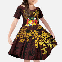 Tonga Ngatu and Hibiscus with Polynesian Tattoo Family Matching Puletasi and Hawaiian Shirt Gold and Oxblood Color LT03 Daughter's Dress Oxblood - Polynesian Pride