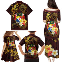Tonga Ngatu and Hibiscus with Polynesian Tattoo Family Matching Puletasi and Hawaiian Shirt Gold and Oxblood Color LT03 - Polynesian Pride