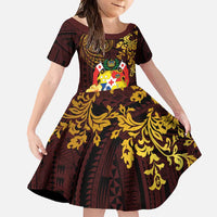 Tonga Ngatu and Hibiscus with Polynesian Tattoo Family Matching Short Sleeve Bodycon Dress and Hawaiian Shirt Gold and Oxblood Color LT03 Daughter's Dress Oxblood - Polynesian Pride