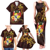 Tonga Ngatu and Hibiscus with Polynesian Tattoo Family Matching Tank Maxi Dress and Hawaiian Shirt Gold and Oxblood Color LT03 - Polynesian Pride