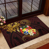 Tonga Ngatu and Hibiscus with Polynesian Tattoo Rubber Doormat Gold and Oxblood Color
