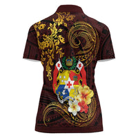 Tonga Ngatu and Hibiscus with Polynesian Tattoo Women Polo Shirt Gold and Oxblood Color LT03 - Polynesian Pride
