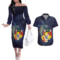 Tonga Vava'u Humpback Whale Blue Water Couples Matching Off The Shoulder Long Sleeve Dress and Hawaiian Shirt Polynesian Hibiscus Flowers LT03 Blue - Polynesian Pride