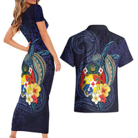 Tonga Vava'u Humpback Whale Blue Water Couples Matching Short Sleeve Bodycon Dress and Hawaiian Shirt Polynesian Hibiscus Flowers LT03 - Polynesian Pride