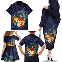 Tonga Vava'u Humpback Whale Blue Water Family Matching Off The Shoulder Long Sleeve Dress and Hawaiian Shirt Polynesian Hibiscus Flowers LT03 - Polynesian Pride