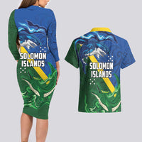 Solomon Islands Polynesian Tribal Shark and Crocodile Couples Matching Long Sleeve Bodycon Dress and Hawaiian Shirt