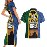Solomon Islands Remembrance Day Couples Matching Short Sleeve Bodycon Dress and Hawaiian Shirt Lest We Forget and Polynesian Tattoo Pattern
