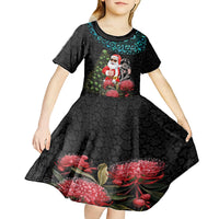 Personalized New Zealand Christmas Kid Short Sleeve Dress Maori Santa Pikorua and Pohutukawa Meri Kirihimete LT03 - Polynesian Pride