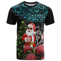 Personalized New Zealand Christmas T Shirt Maori Santa Pikorua and Pohutukawa Meri Kirihimete LT03 Black - Polynesian Pride