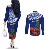 Personalized New Zealand Christmas Couples Matching Off The Shoulder Long Sleeve Dress and Long Sleeve Button Shirt Maori Santa Pikorua and Pohutukawa Meri Kirihimete Blue LT03 - Polynesian Pride