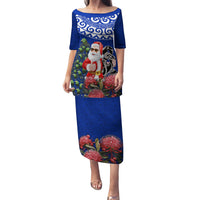 Personalized New Zealand Christmas Family Matching Puletasi Dress and Hawaiian Shirt Maori Santa Pikorua and Pohutukawa Meri Kirihimete Blue LT03 Mom's Dress Blue - Polynesian Pride