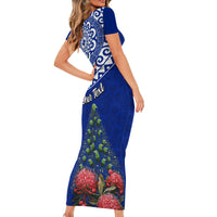 Personalized New Zealand Christmas Family Matching Short Sleeve Bodycon Dress and Hawaiian Shirt Maori Santa Pikorua and Pohutukawa Meri Kirihimete Blue LT03 - Polynesian Pride