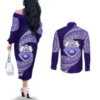 Tonga Tupou High School Couples Matching Off The Shoulder Long Sleeve Dress and Long Sleeve Button Shirt Traditional Ngatu and Polynesian Pattern LT03 - Polynesian Pride