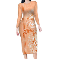 Kanaka Maoli Tropical Flowers with Kakau Tribal Family Matching Long Sleeve Bodycon Dress and Hawaiian Shirt Peach Fuzz Color LT03 Mom's Dress Peach Fuzz - Polynesian Pride
