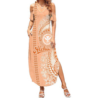 Kanaka Maoli Tropical Flowers with Kakau Tribal Summer Maxi Dress Peach Fuzz Color LT03 Women Peach Fuzz - Polynesian Pride