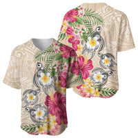 Hawaiian Tropical Flowers and Tribal Turtles Baseball Jersey Polynesian Art Motifs Beige Color - Polynesian Pride