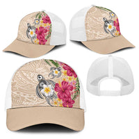 Hawaiian Tropical Flowers and Tribal Turtles Baseball Net Cap Polynesian Art Motifs Beige Color - Polynesian Pride