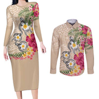 Hawaiian Tropical Flowers and Tribal Turtles Couples Matching Long Sleeve Bodycon Dress and Long Sleeve Button Shirt Polynesian Art Motifs Beige Color LT03 Beige - Polynesian Pride
