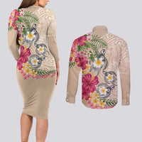 Hawaiian Tropical Flowers and Tribal Turtles Couples Matching Long Sleeve Bodycon Dress and Long Sleeve Button Shirt Polynesian Art Motifs Beige Color LT03 - Polynesian Pride