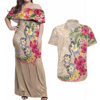 Hawaiian Tropical Flowers and Tribal Turtles Couples Matching Off Shoulder Maxi Dress and Hawaiian Shirt Polynesian Art Motifs Beige Color LT03 Beige - Polynesian Pride
