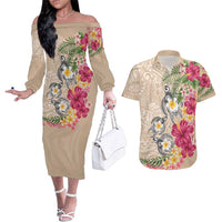 Hawaiian Tropical Flowers and Tribal Turtles Couples Matching Off The Shoulder Long Sleeve Dress and Hawaiian Shirt Polynesian Art Motifs Beige Color LT03 Beige - Polynesian Pride