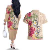 Hawaiian Tropical Flowers and Tribal Turtles Couples Matching Off The Shoulder Long Sleeve Dress and Hawaiian Shirt Polynesian Art Motifs Beige Color LT03 - Polynesian Pride