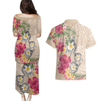 Hawaiian Tropical Flowers and Tribal Turtles Couples Matching Puletasi and Hawaiian Shirt Polynesian Art Motifs Beige Color LT03 - Polynesian Pride